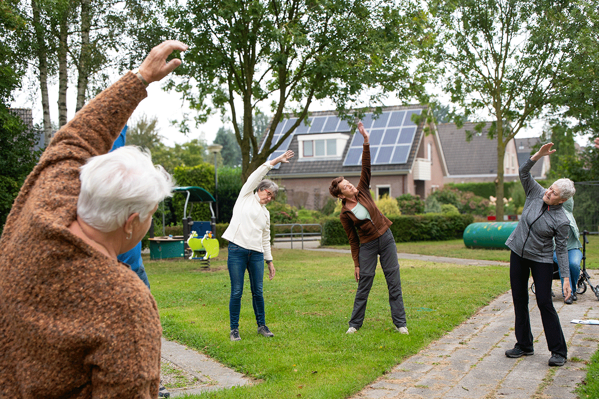 Senioren die samen bewegen in een speeltuin